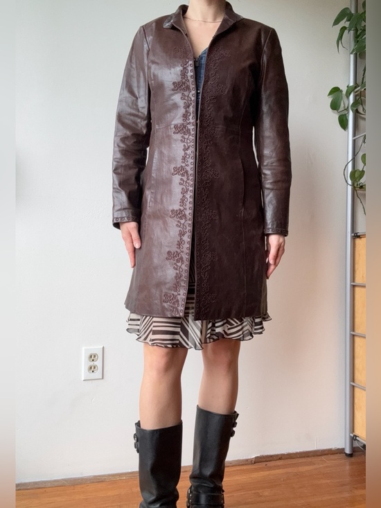 Vintage Jackets & Blazers - Vintage Leather Embroidered Long Brown Coat